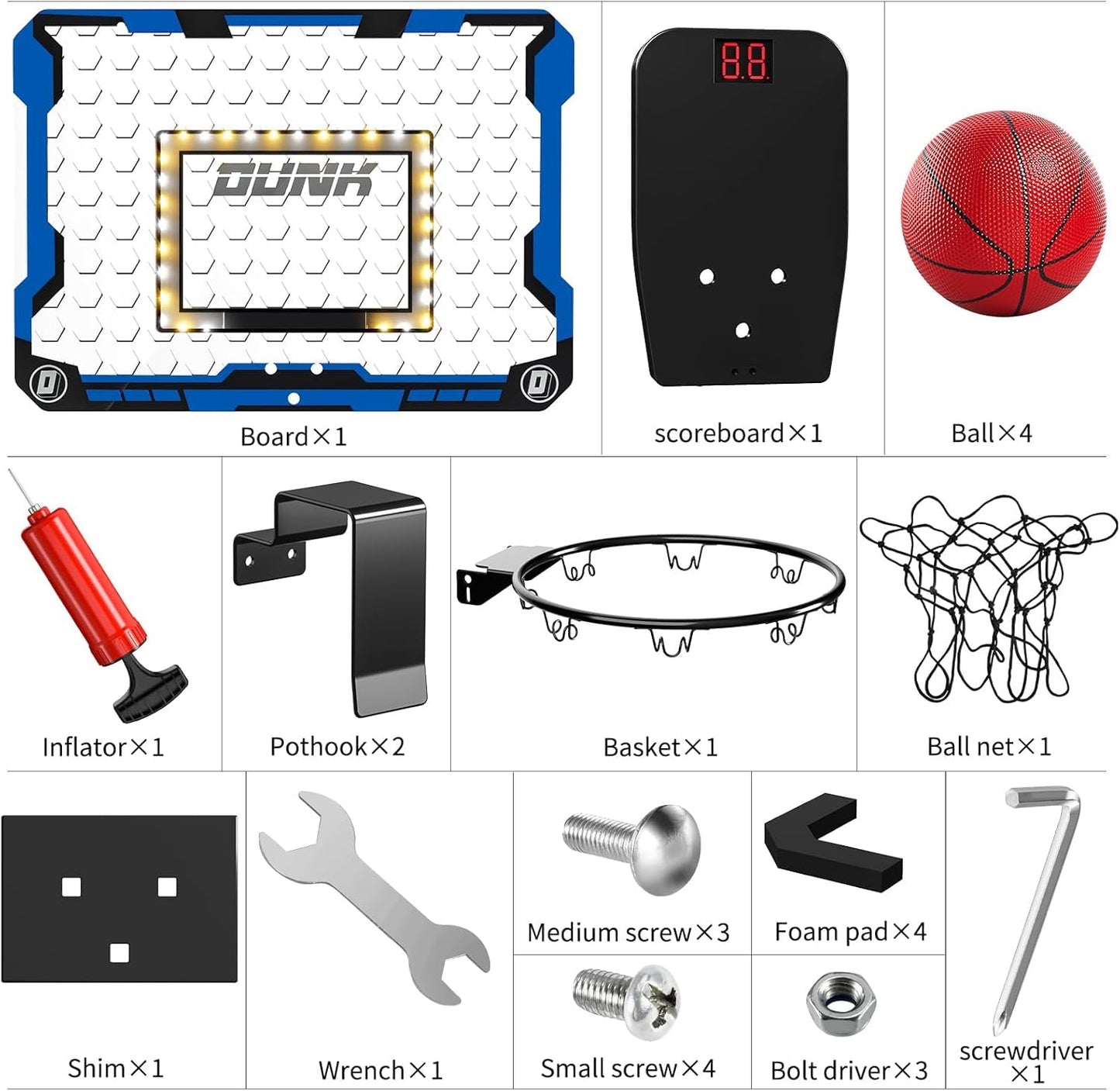 TEMI Indoor Basketball Hoop for Kids, LED Light Door Basketball Hoop, Mini Backboard with Electronic Scoreboard & 4 Balls, Basketball Kids Gift 5 6 7 8 9 10 11 12 Year Old Boys Girls Teen