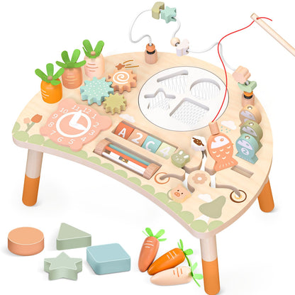 Wooden baby activity table with shape sorter, bead maze, fishing game, and sensory toys for toddlers age 12+ months.