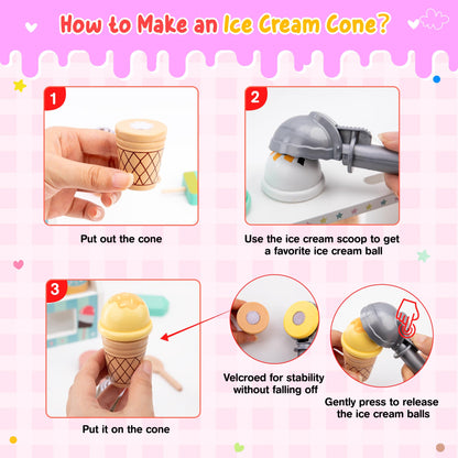 WIKITOT Ice Cream Toys for Kids, 51 Pieces Wooden Ice Cream Cart Role Play Toys for 3 to 7 Year Old Girls Boys Bithday Gifts