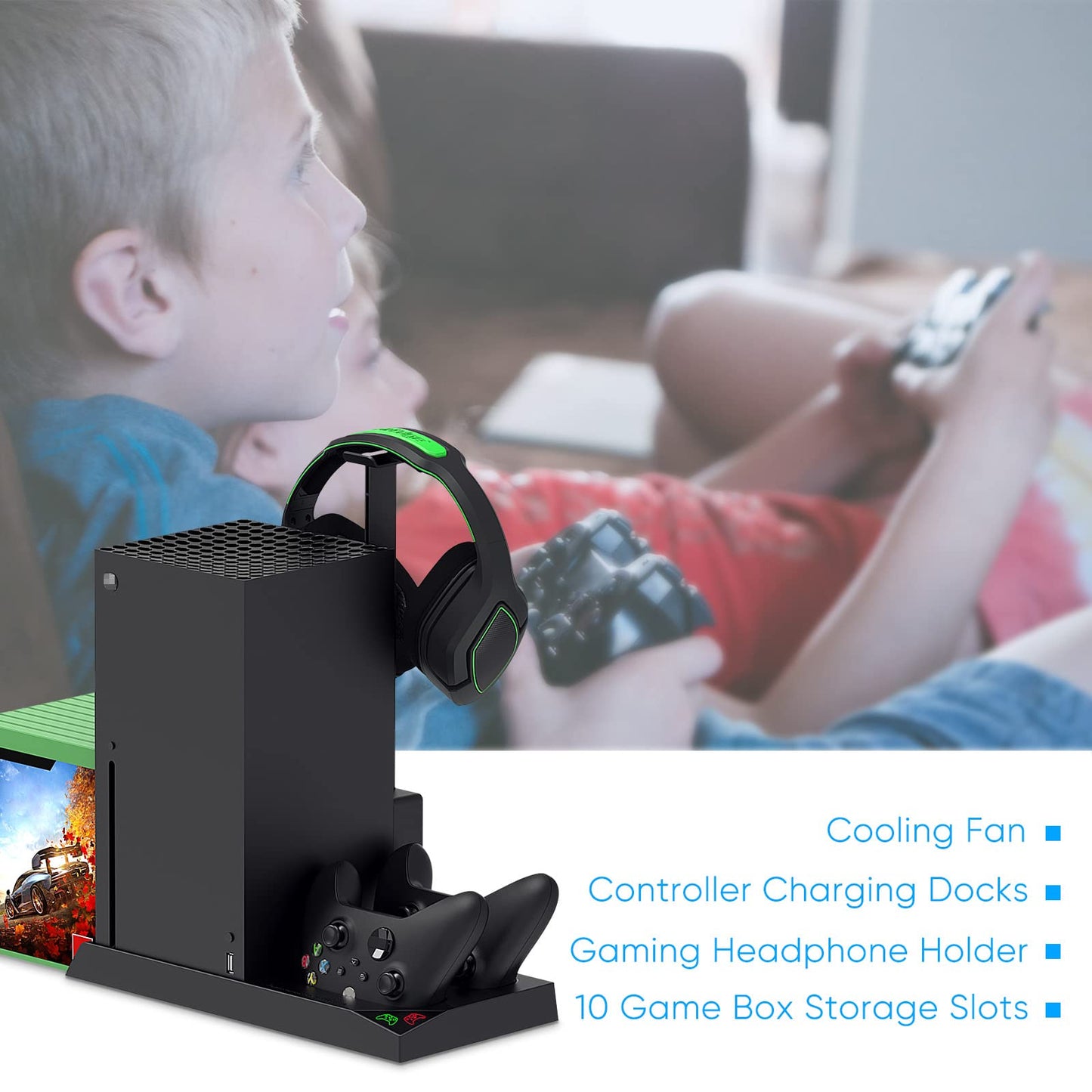 FYOUNG Xbox Series X cooling stand with controller charger, rechargeable batteries, headset holder, and game slots, featuring cooling fan system.