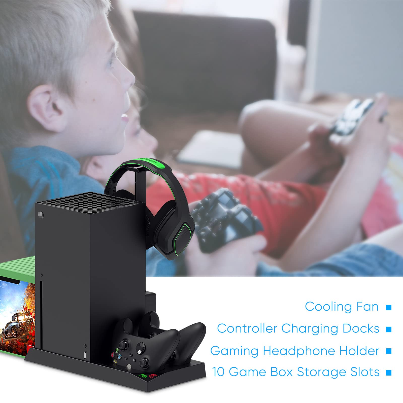 FYOUNG Xbox Series X cooling stand with controller charger, rechargeable batteries, headset holder, and game slots, featuring cooling fan system.