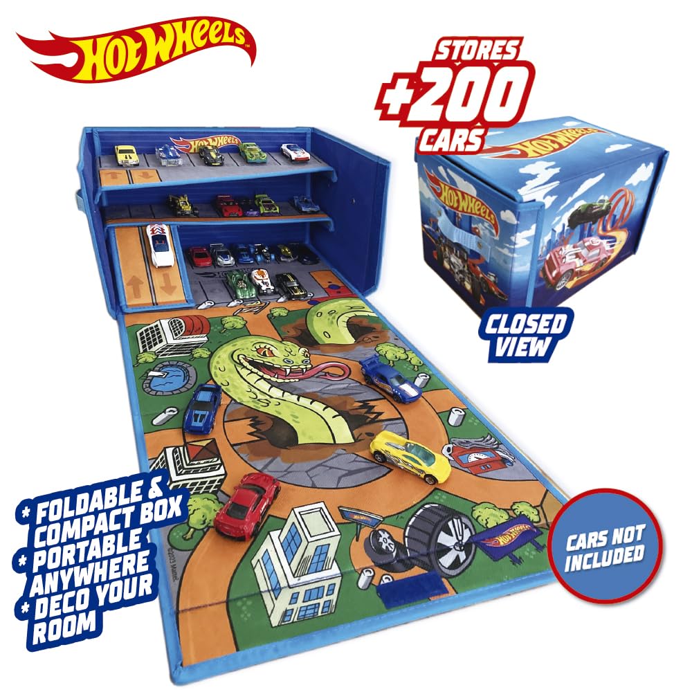 Hot Wheels 3-IN-1 garage box playmat with collapsible design for storing toy cars and speed roads, featuring vibrant graphics.