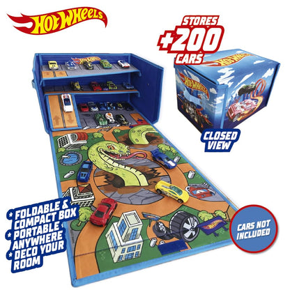 Hot Wheels 3-IN-1 garage box playmat with collapsible design for storing toy cars and speed roads, featuring vibrant graphics.