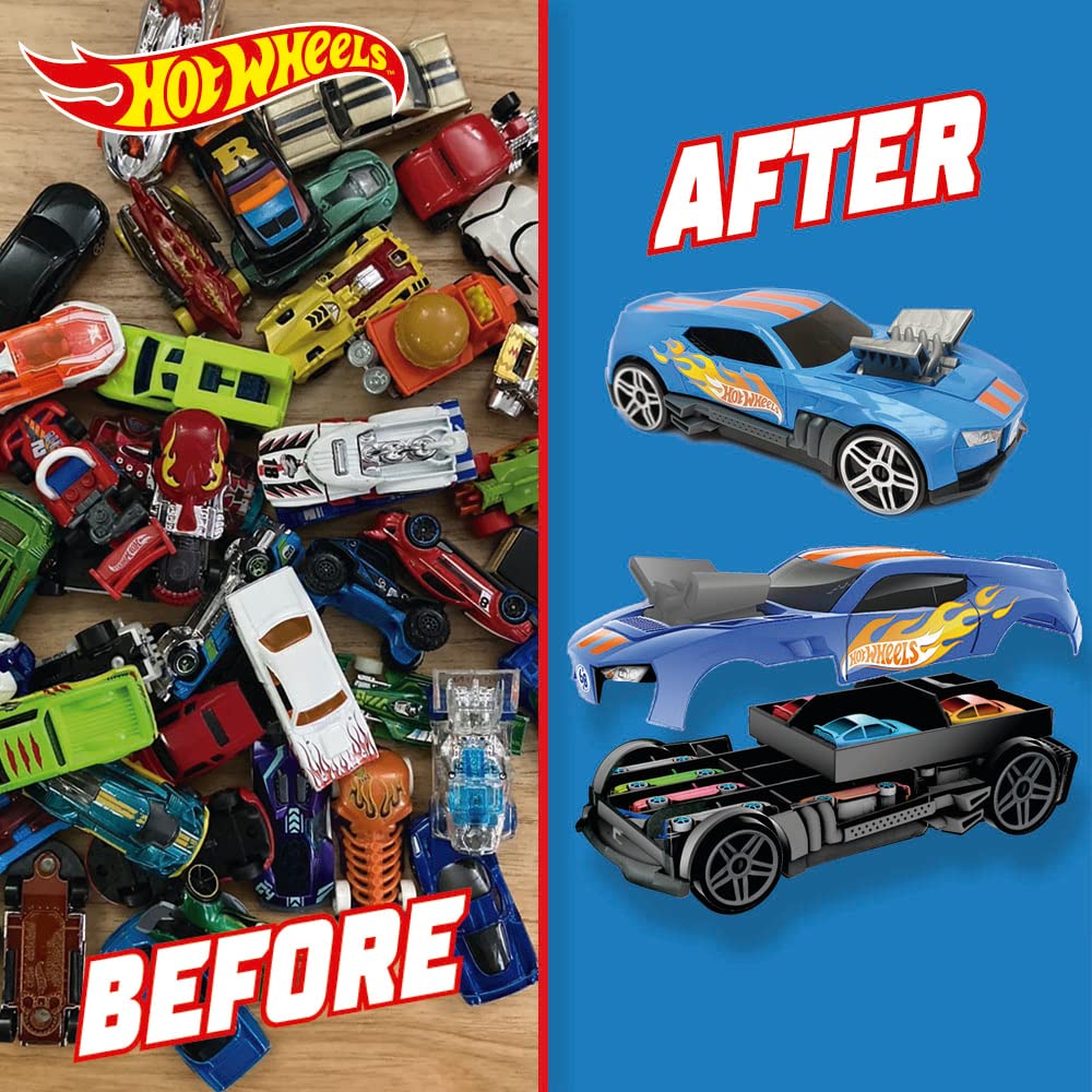Hot Wheels 2-in-1 Race N' Haul car storage case with retractable handle, holding up to 15 toy cars (not included).