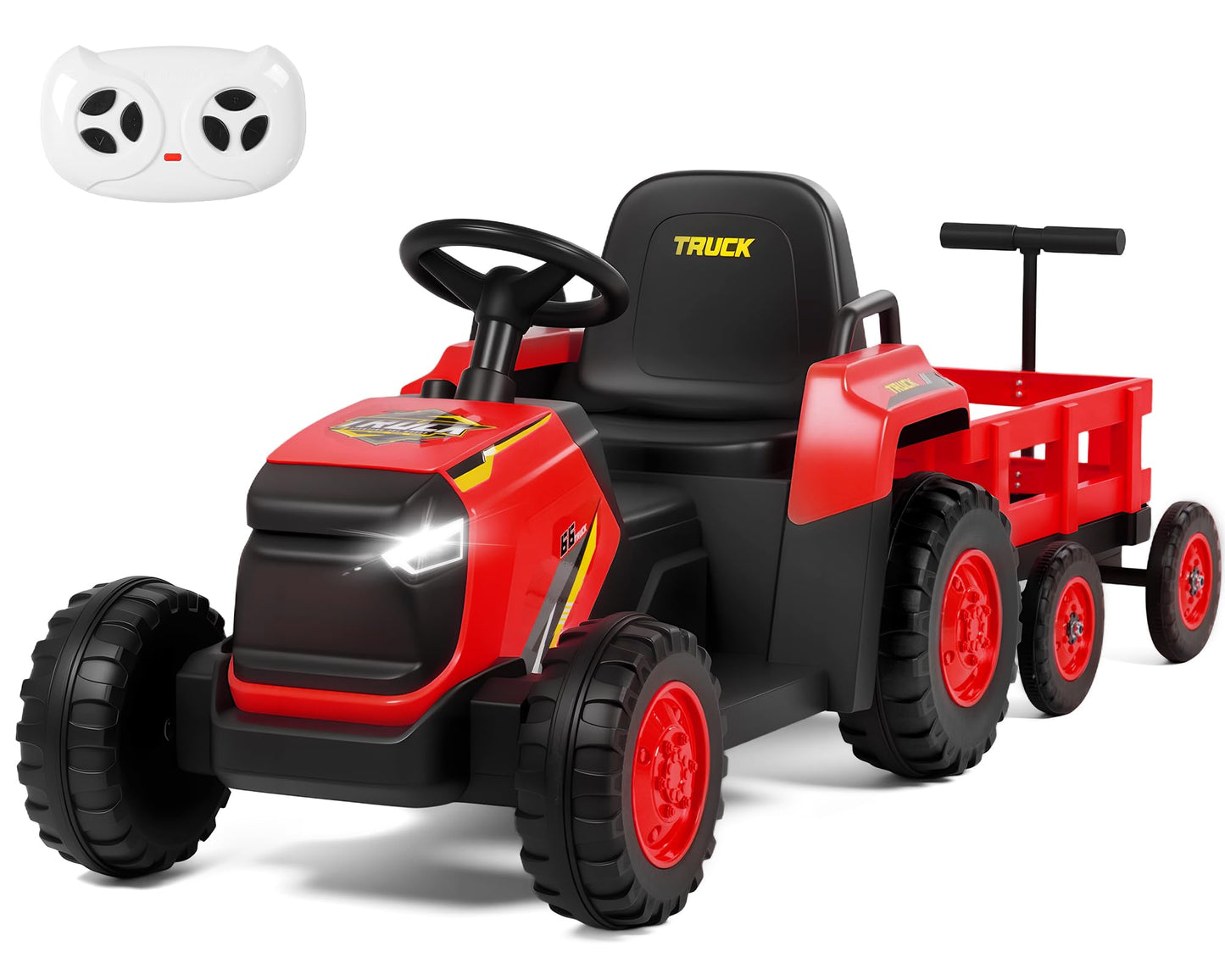 H.yeed Kids Ride on Tractor and Trailer Aged 3-6, 12V Battery Powered Electric Toy Car with Remote Control, Bluetooth Music, LED Lights & USB for Boys, Girls (Red)