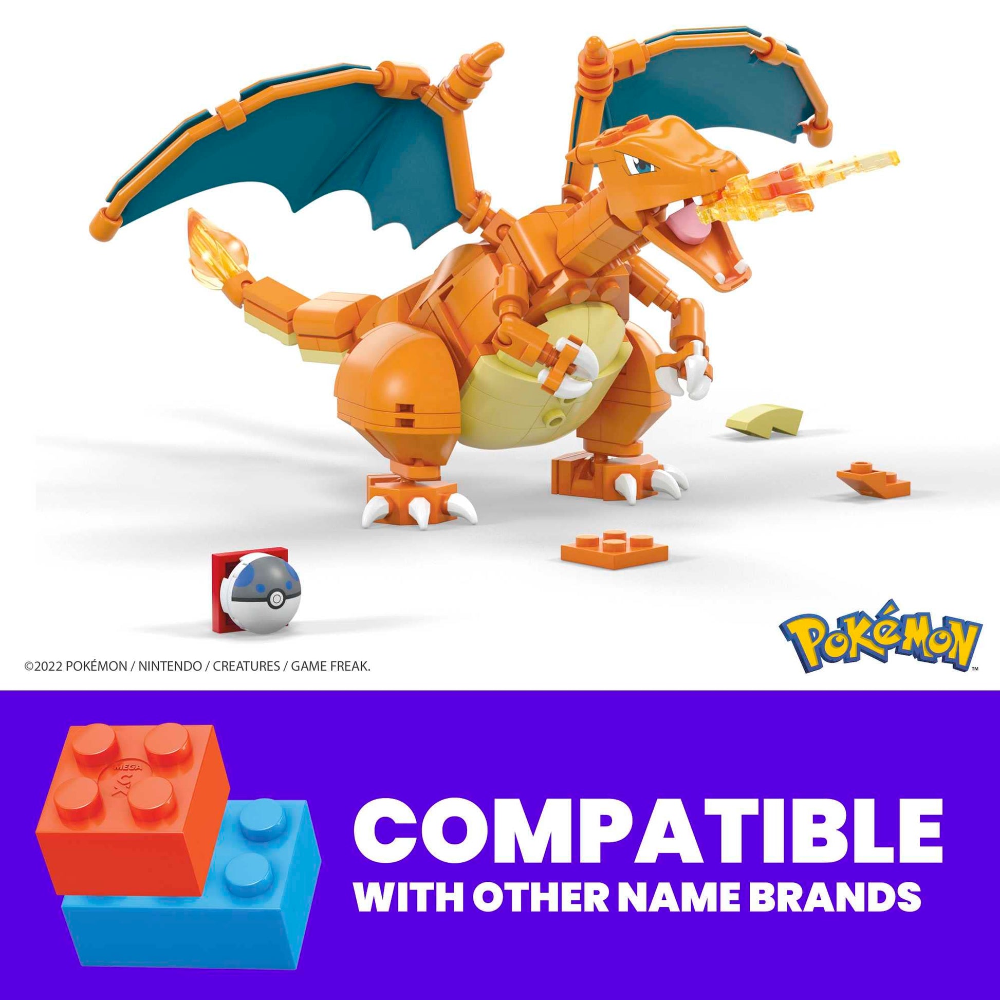 Charizard action figure from Mega Brands, 10 cm tall, 222 pieces, includes Poke Ball pin, ideal for collectors and builders.