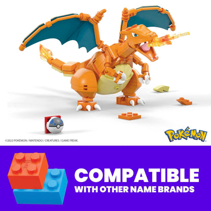 Charizard action figure from Mega Brands, 10 cm tall, 222 pieces, includes Poke Ball pin, ideal for collectors and builders.