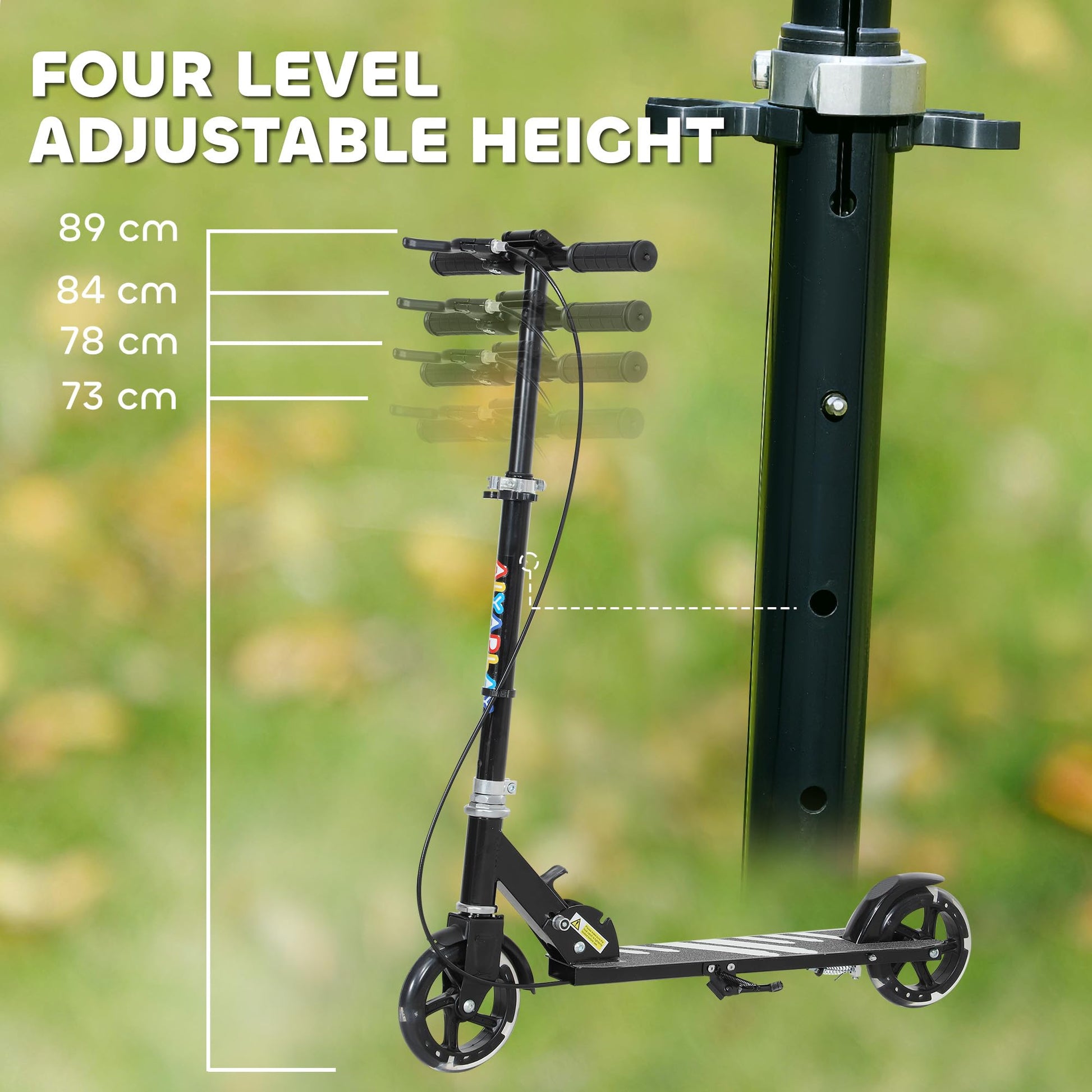 Black AIYAPLAY folding kick scooter for ages 3-8, featuring adjustable handle, light-up wheels, handbrake, and rear brake.