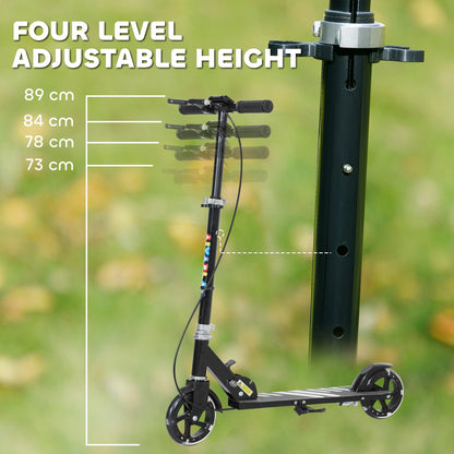 Black AIYAPLAY folding kick scooter for ages 3-8, featuring adjustable handle, light-up wheels, handbrake, and rear brake.