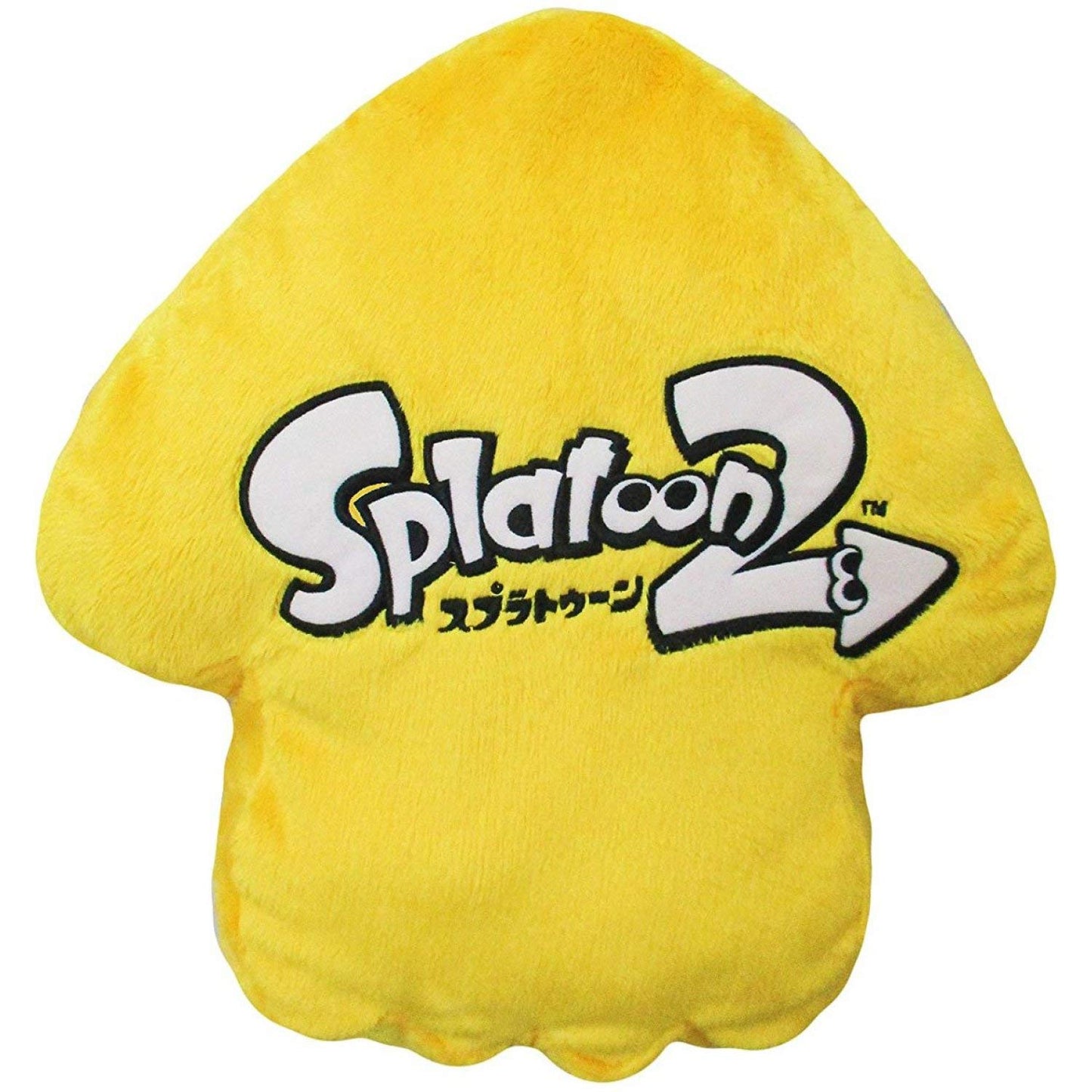 Nintendo Splatoon 2 Squid Cushion in sun yellow, official San-Ei plush, soft and colorful squid character for fans and collectors.