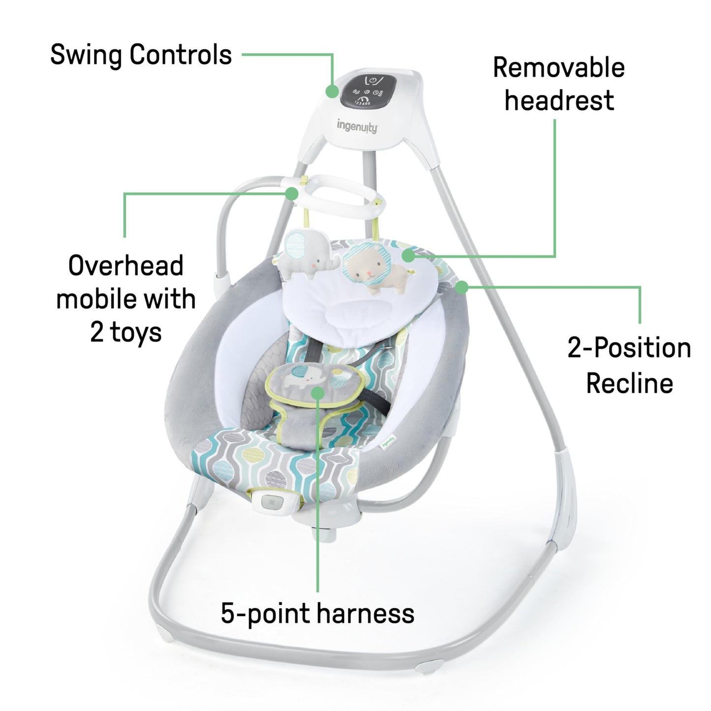 Ingenuity SimpleComfort baby swing with 6-speed multi-direction motion, vibrations, and nature sounds for infants 0-9 months.