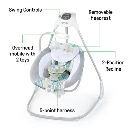 Ingenuity SimpleComfort baby swing with 6-speed multi-direction motion, vibrations, and nature sounds for infants 0-9 months.