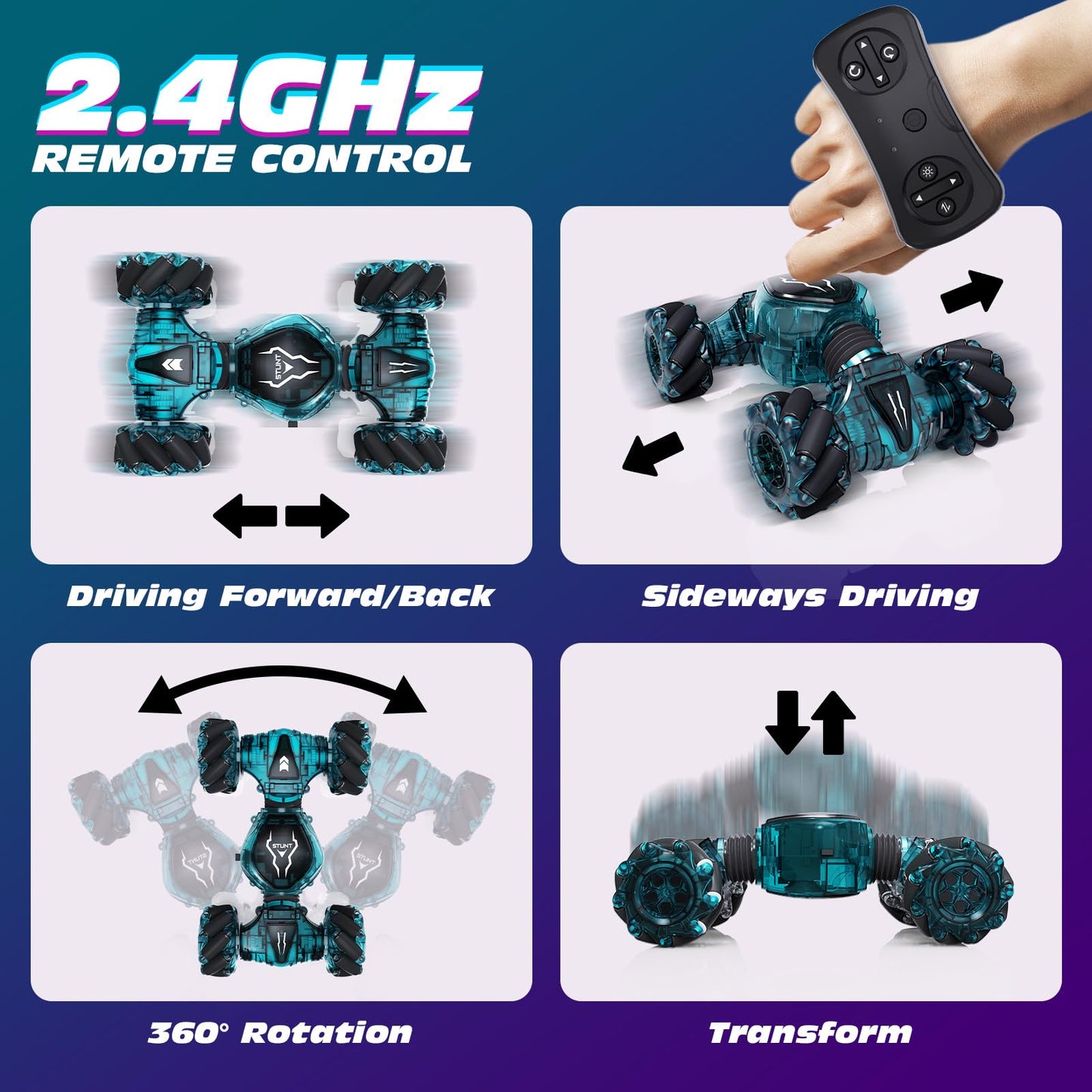 Tecnock 2025 Remote Control Car with Hand Control,2.4Ghz Gesture Sensing 4WD 360°Rotation RC Drift Car,3 Rechargeable Battery with Lighting Suitable for Many Terrains Gift for 4-9+Boys Girls