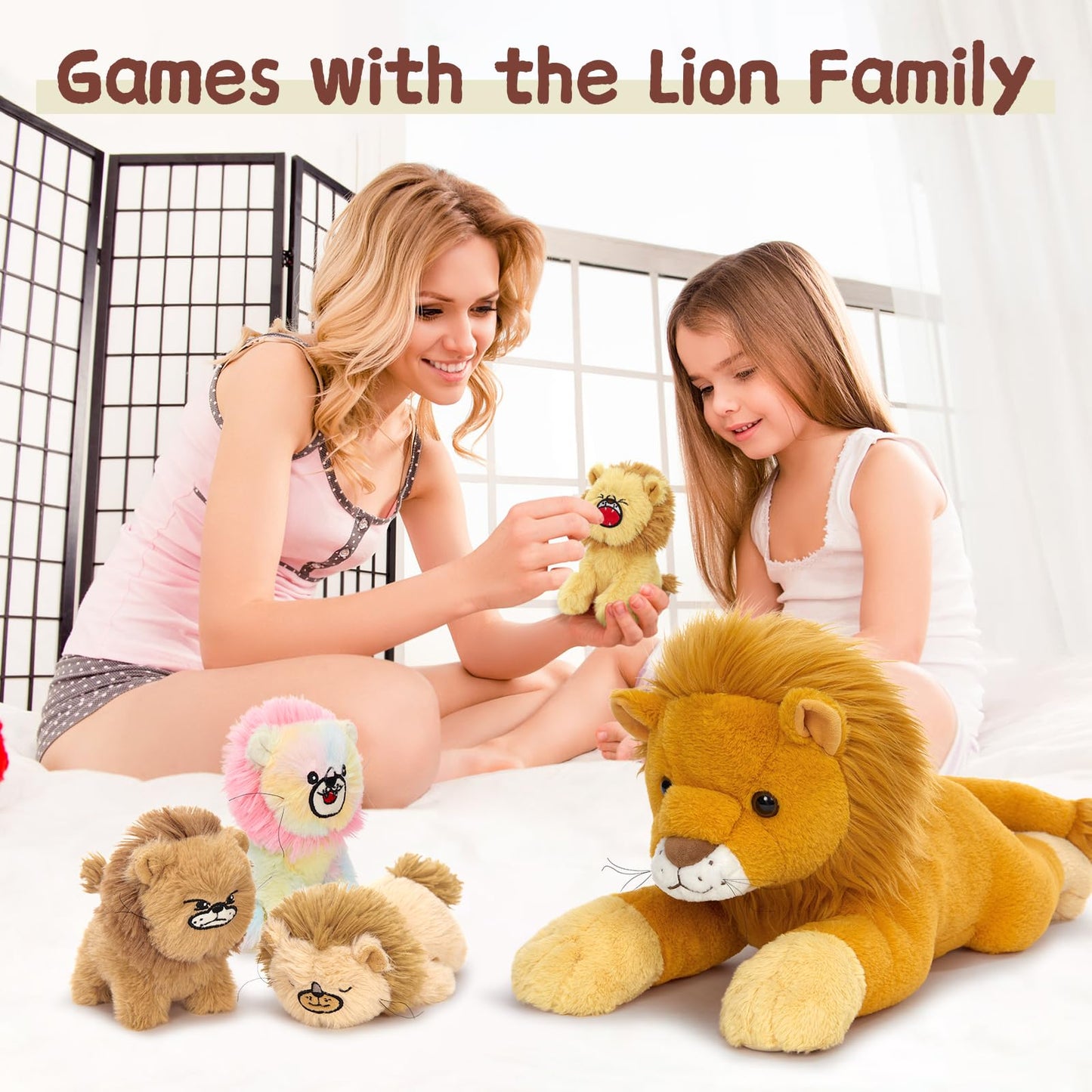 MorisMos Big Lion Teddy Soft Toy, 60cm Mom with 4 Cuddly Baby Inside, Giant Fluffly Lion Stuffed Animal Realistic Kawaii Gift for Kids Birthday Deco