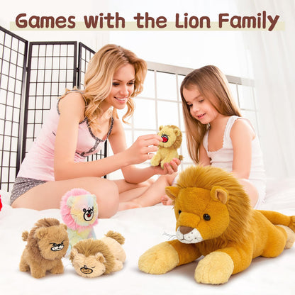 MorisMos Big Lion Teddy Soft Toy, 60cm Mom with 4 Cuddly Baby Inside, Giant Fluffly Lion Stuffed Animal Realistic Kawaii Gift for Kids Birthday Deco