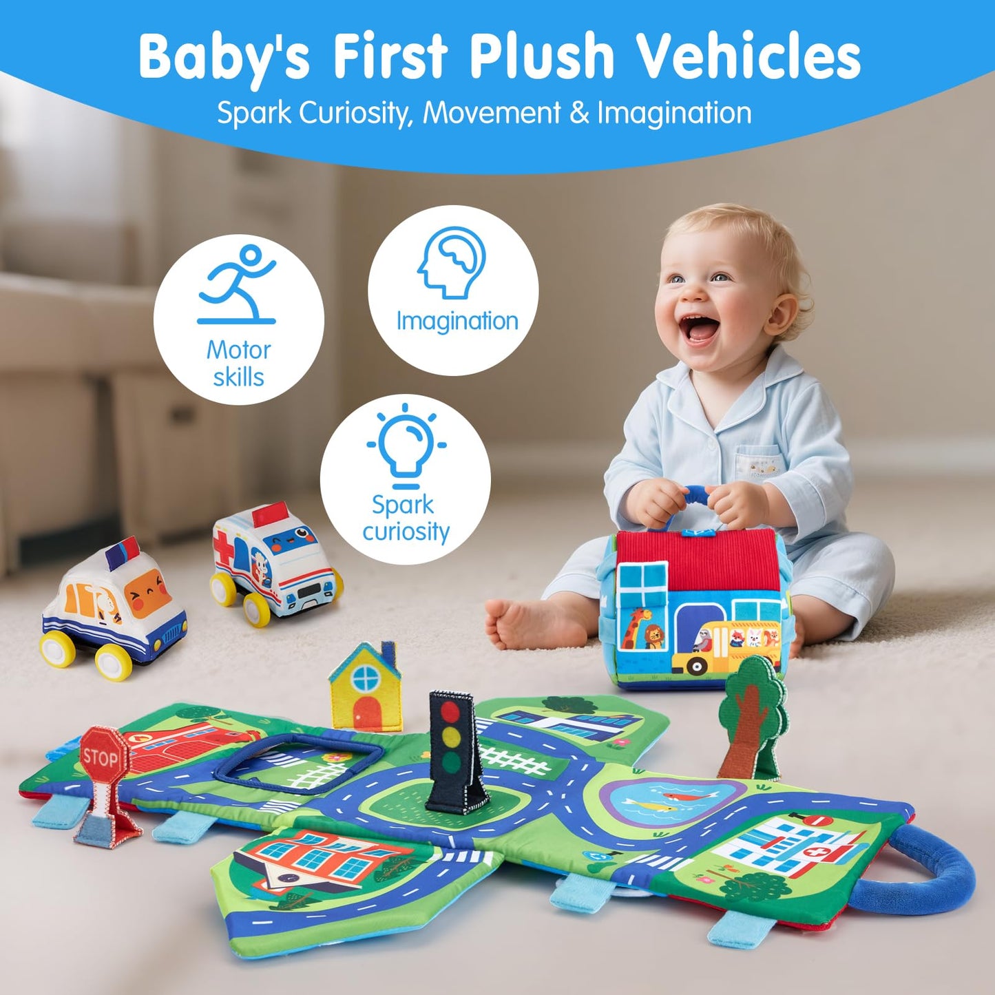 hahaland Baby Toys 6-12 Months Cars Plush Sensory Toys with a Storage Bag, Sensory Car, Pull-Back Cars, City Props Kits, Mirror, Montessori Toy Sensory Toy for Babies Toddlers 1-3，Boys Birthday Gift