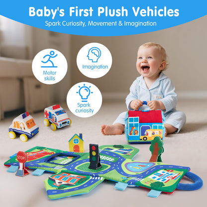 hahaland Baby Toys 6-12 Months Cars Plush Sensory Toys with a Storage Bag, Sensory Car, Pull-Back Cars, City Props Kits, Mirror, Montessori Toy Sensory Toy for Babies Toddlers 1-3，Boys Birthday Gift