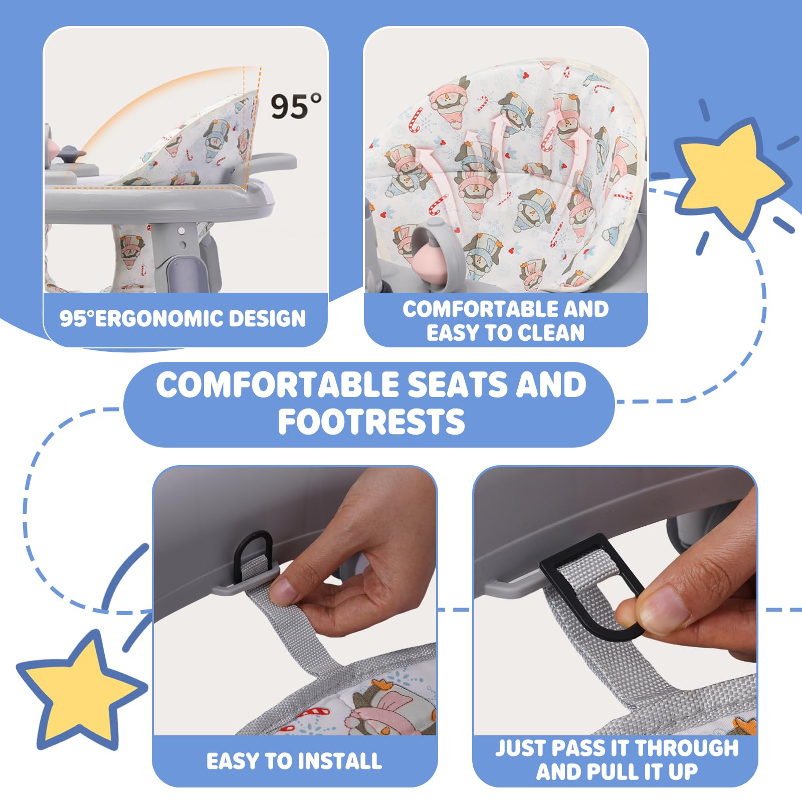 EULEUY 3-in-1 foldable baby walker in grey with adjustable height, 360° wheels, dinner tray, and game center for toddlers 7 months+