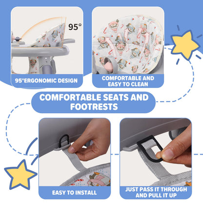 EULEUY 3-in-1 foldable baby walker in grey with adjustable height, 360° wheels, dinner tray, and game center for toddlers 7 months+