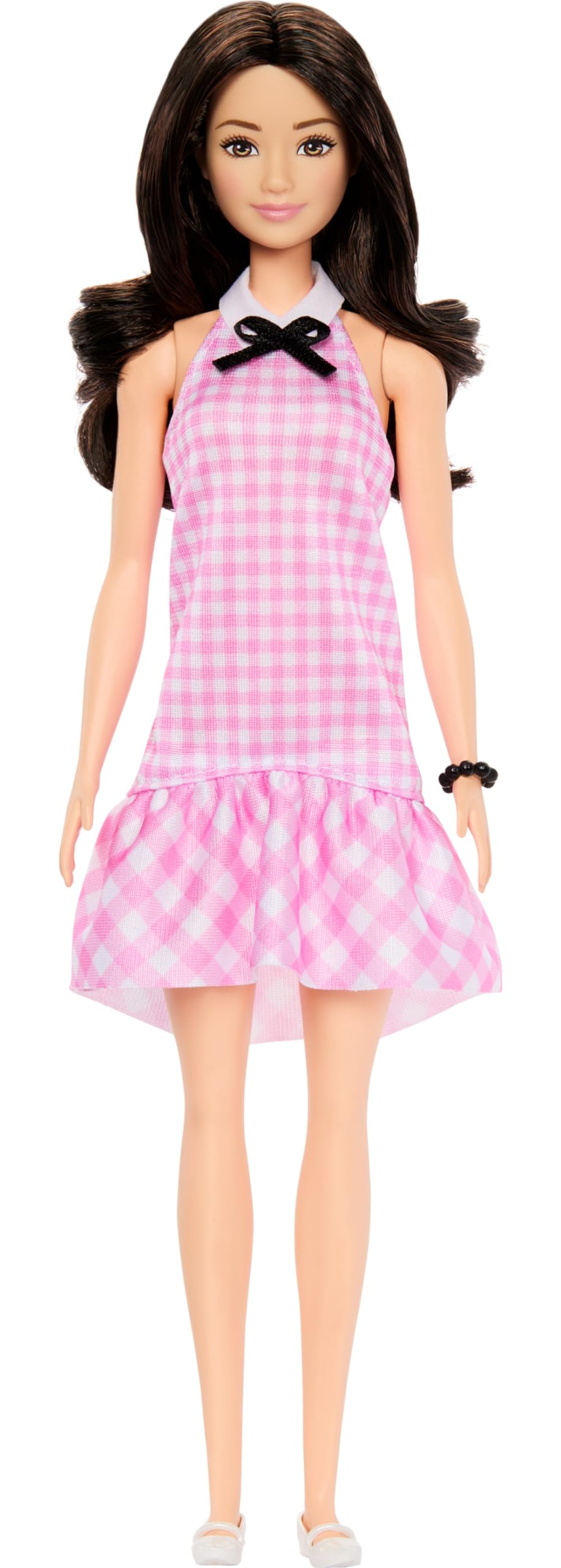 Barbie Fashionistas Doll #224 with black wavy hair in pink gingham dress and accessories, celebrating 65th anniversary.