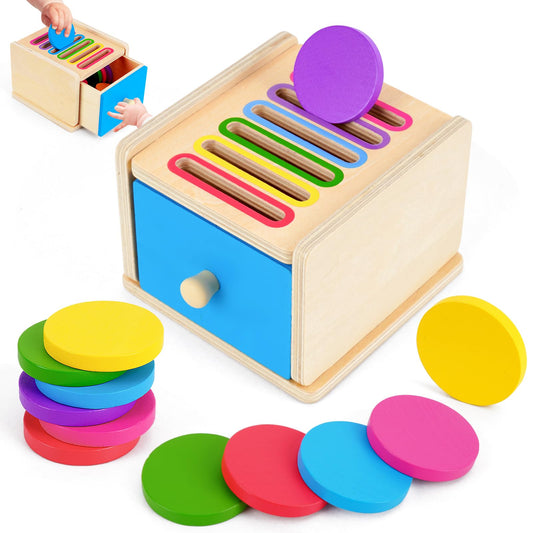 FCSONU toddler Montessori coin box toy with colorful stacking and sorting features for 1-3 year old boys and girls.