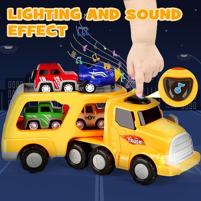 Aoskie toy car transporter truck with four pull-back toy cars, suitable for toddlers and young boys ages 3-5, vehicle playset.