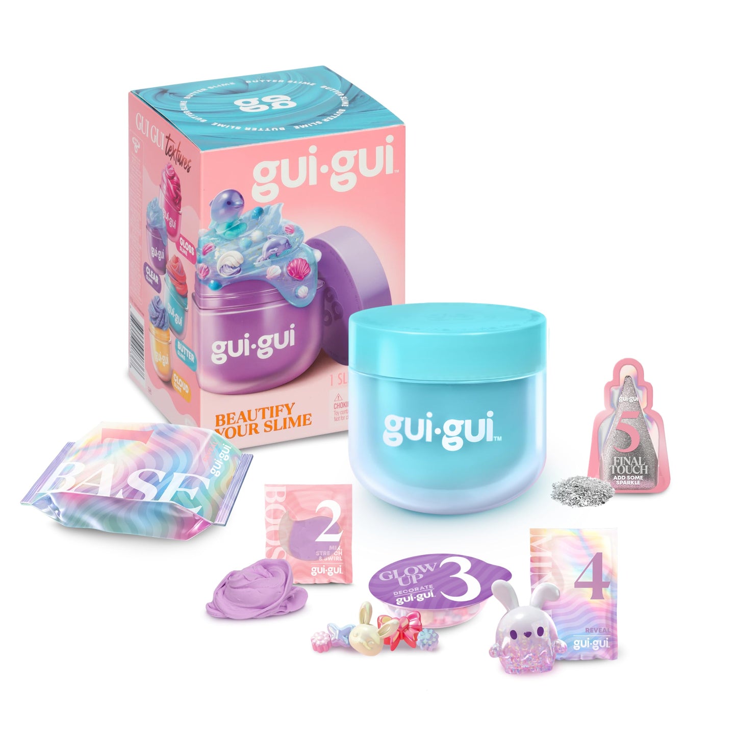 Gui Gui scented slime twin pack with butter and cloud textures, showcasing vibrant, colorful slime with glossy and fluffy appearances.