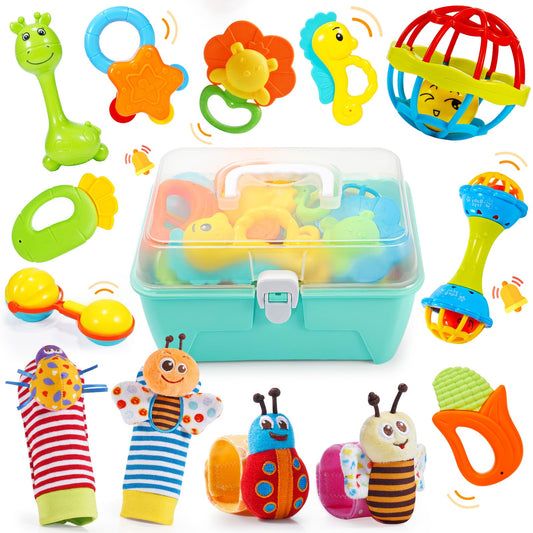 Wootoyz Baby Toys for 0 3 6 9 12 Months Rattle Toys with Storage Box,Newborn Toys for 0-12 Months Infant Toys Wrist Socks Set 0-6 Months Baby Teething Sensory Toys for Babies 6-18 Months Newborn Gift