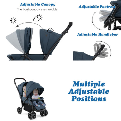 Maxmass Double Seat Baby Stroller, Folding Infant Pushchair with Adjustable Handlebar & Backrest, Storage Basket & Detachable Canopy, Travel Toddler Buggy for Shopping, Hanging Out (Navy Blue)