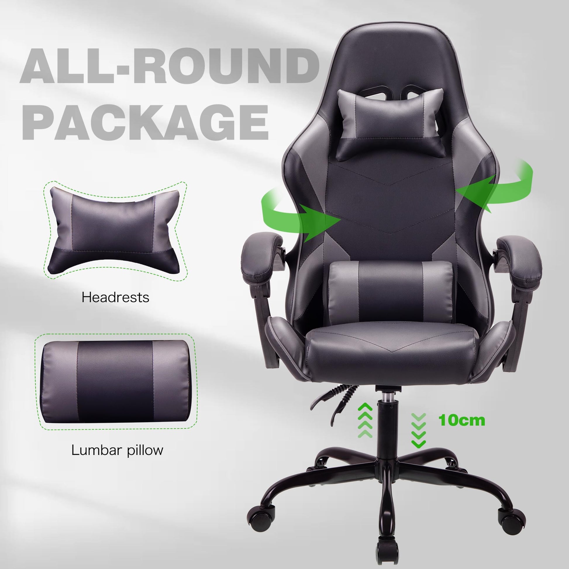 Gray T-THREE ergonomic high-back gaming and office chair with adjustable lumbar and headrest support, swivel design, 150kg capacity