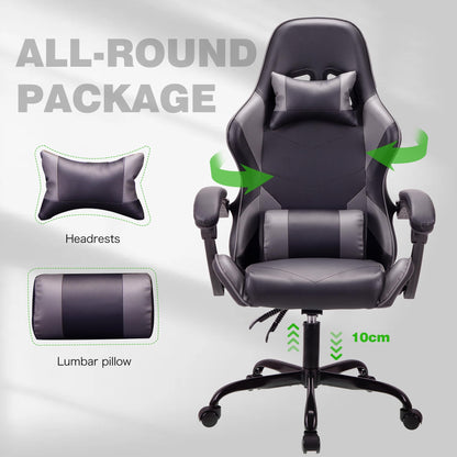 Gray T-THREE ergonomic high-back gaming and office chair with adjustable lumbar and headrest support, swivel design, 150kg capacity