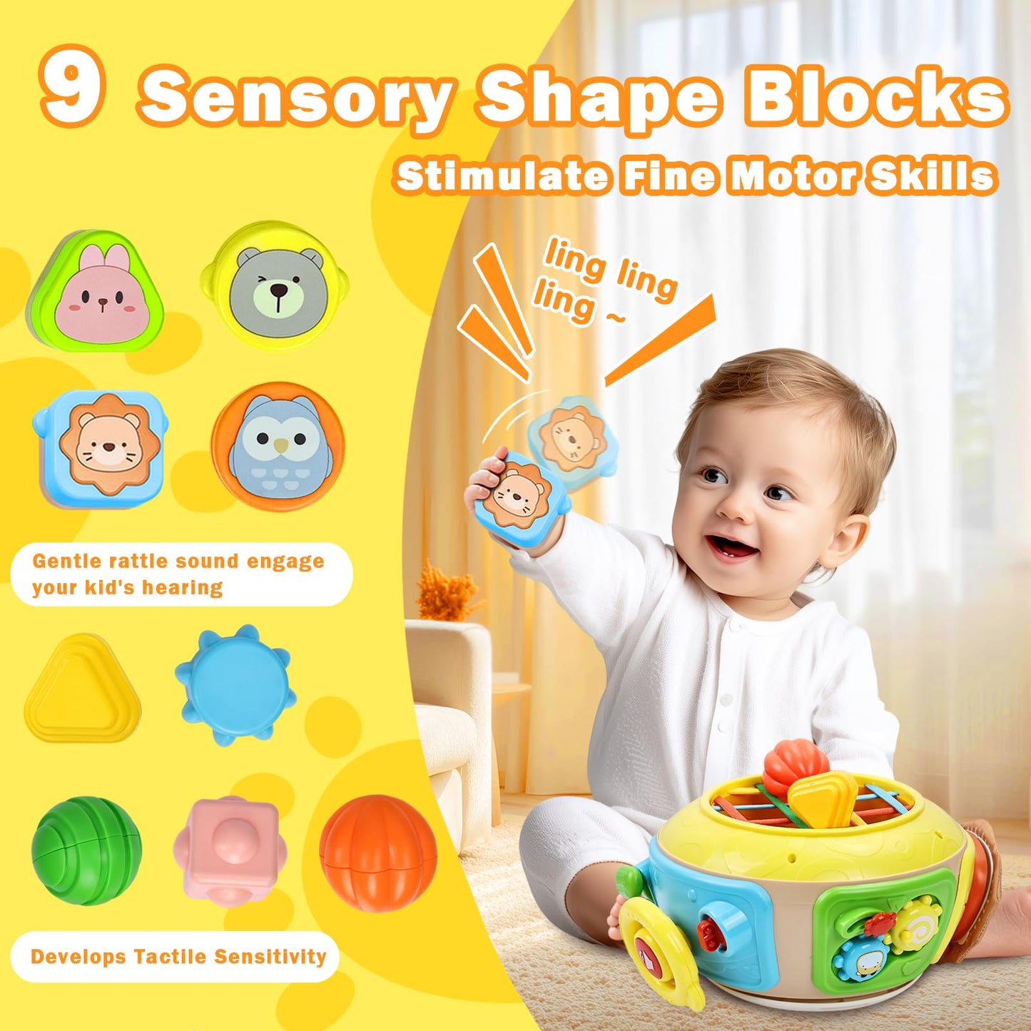 Sumapner 7-in-1 activity cube with drum, sensory shape blocks, music, and lights for toddlers and babies, educational and busy toy.