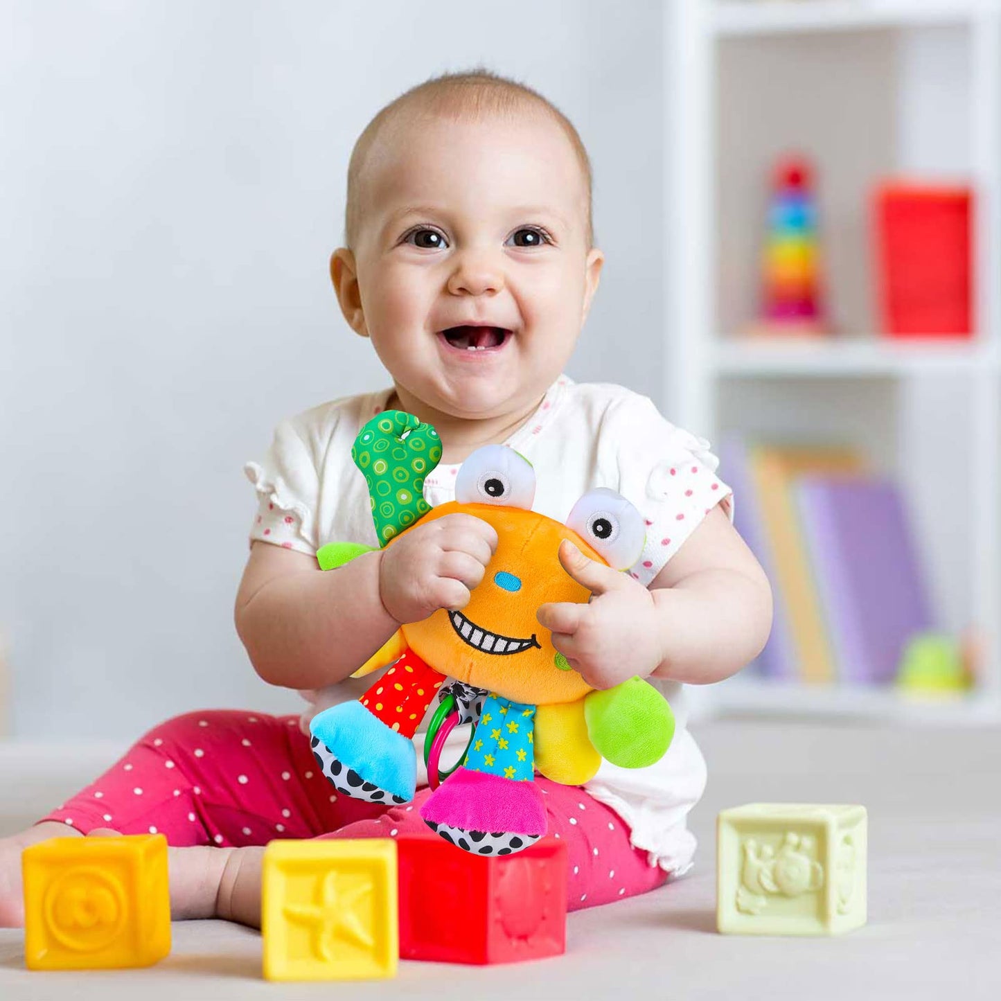 MEERO LONDON CB2203 crab clip-on pram toy with teether and sensory features for newborn babies, boys and girls.