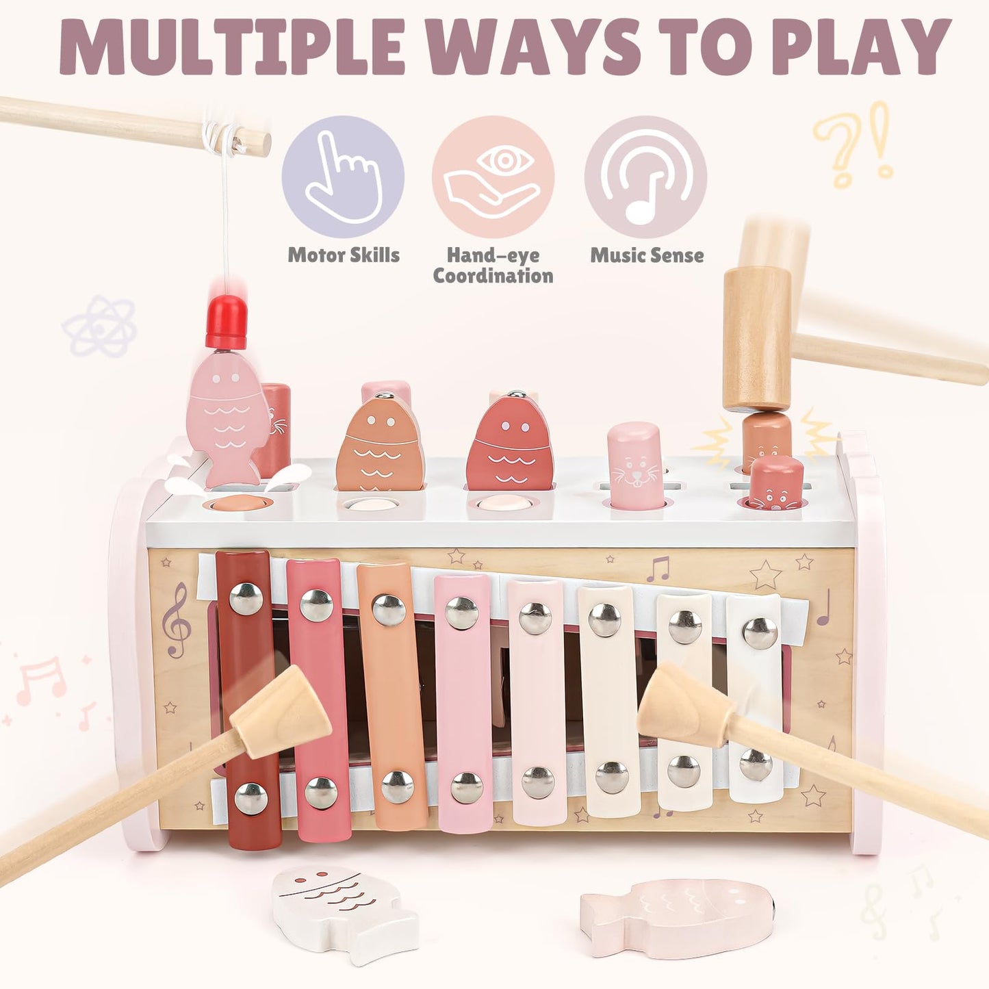 Joyreal Montessori wooden hammering and fishing game toy for 1-year-old boys and girls, includes xylophone and magnetic fishing features.