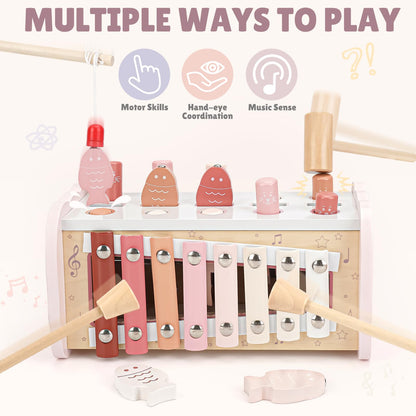 Joyreal Montessori wooden hammering and fishing game toy for 1-year-old boys and girls, includes xylophone and magnetic fishing features.