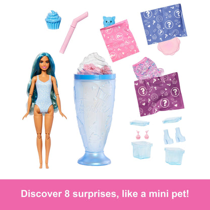 Barbie Pop Reveal Treat Series doll set with cupcake theme, featuring accessories and a pet, showcasing color change surprises.