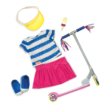 Our Generation 18-inch doll dressed in Cute to Scoot Deluxe Scooter Outfit with scooter and accessories for pretend play.