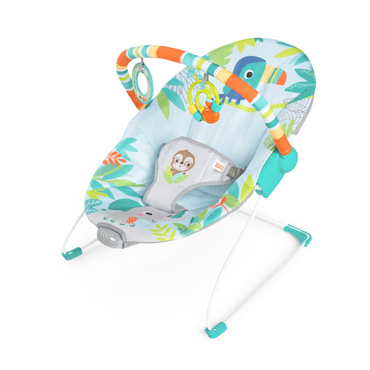 Bright Starts rainforest-themed baby bouncer seat with removable toy bar, soothing vibrations, nonslip feet for infants 0-6 months up to 20 lbs.