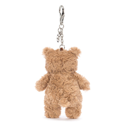 Jellycat Bartholomew Bear bag charm in soft fabric, featuring a cute bear design, measuring 5x6x12 cm.
