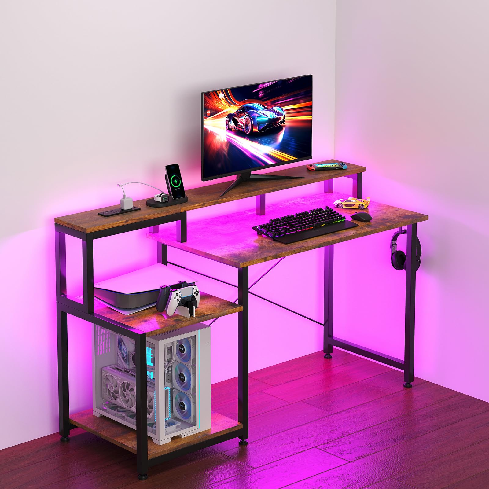 CAIYUN 48-inch brown computer desk with printer stand, adjustable LED lighting, power outlets, monitor stand, ideal for office or study.
