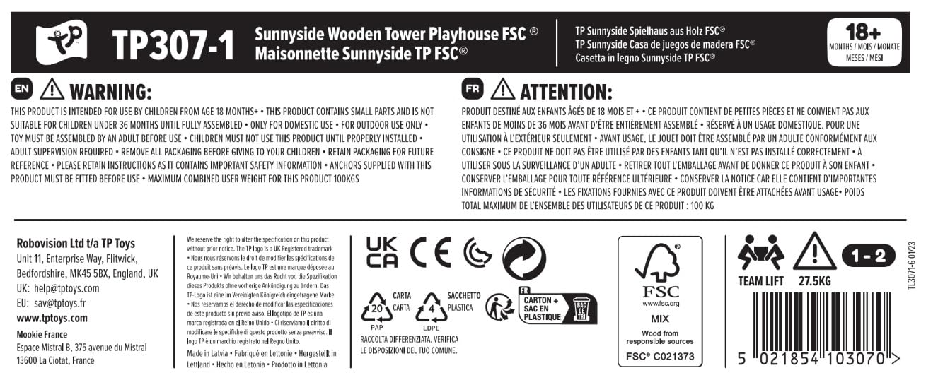 TP Toys Sunnyside Wooden Tower Playhouse with 1.2m slide, outdoor kids' garden playhouse made from FSC-certified European wood.