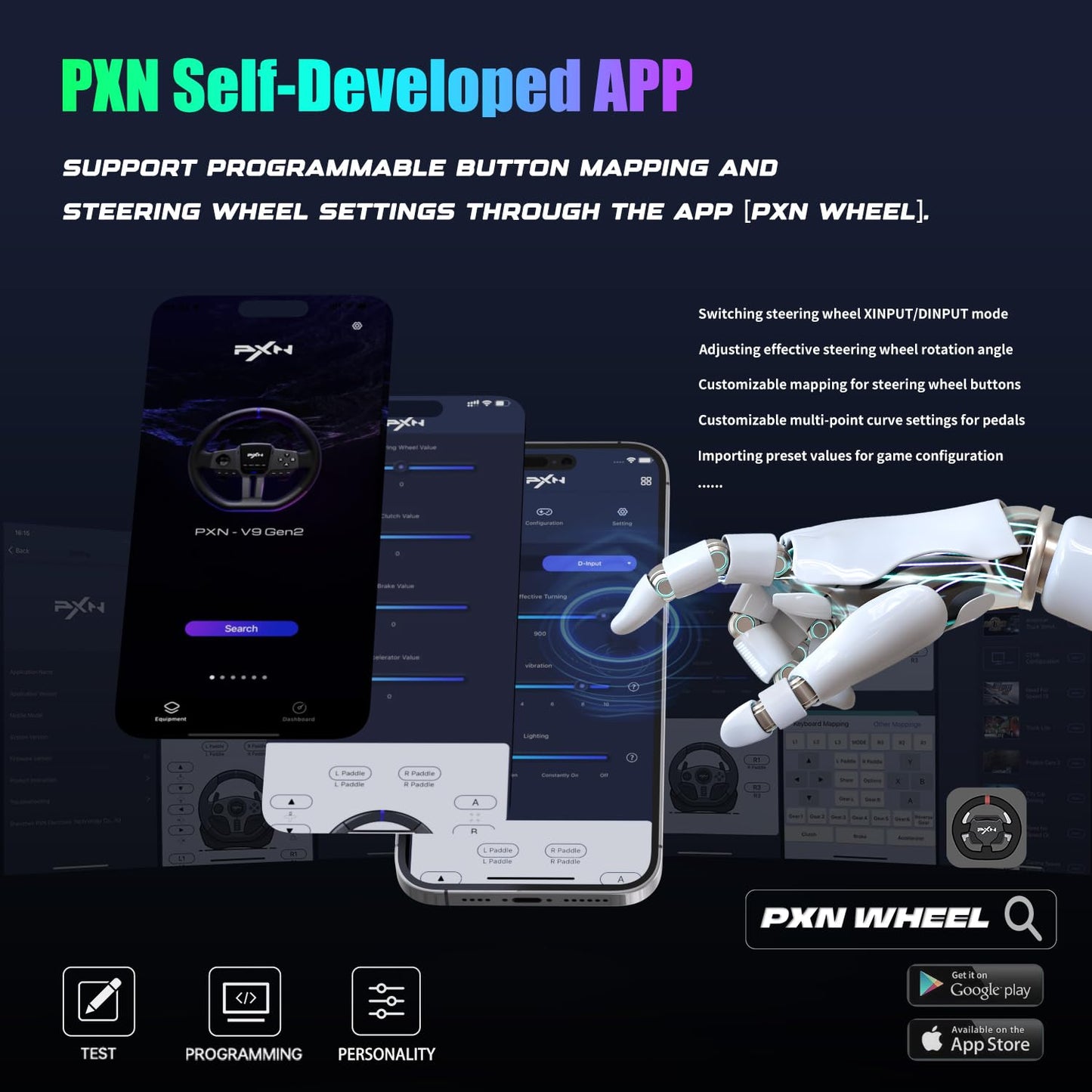 PXN V9 Gen2 Gaming Steering Wheel with Pedals and Shifter - 270°|900° Racing Wheel, Vibration Feedback, Hall Effect Pedal, Paddle Shifters, Tools APP - Steering Wheel for PC, PS3, PS4, Xbox
