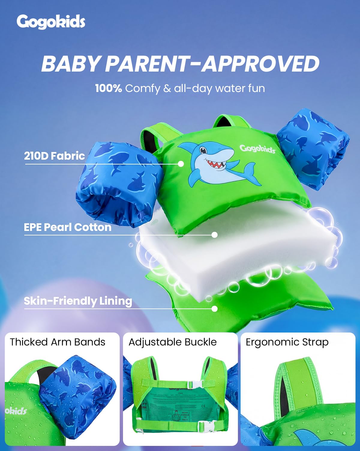 Gogokids toddler swimming float vest with arm bands and shoulder harness for children aged 1-6 years in a pool setting.