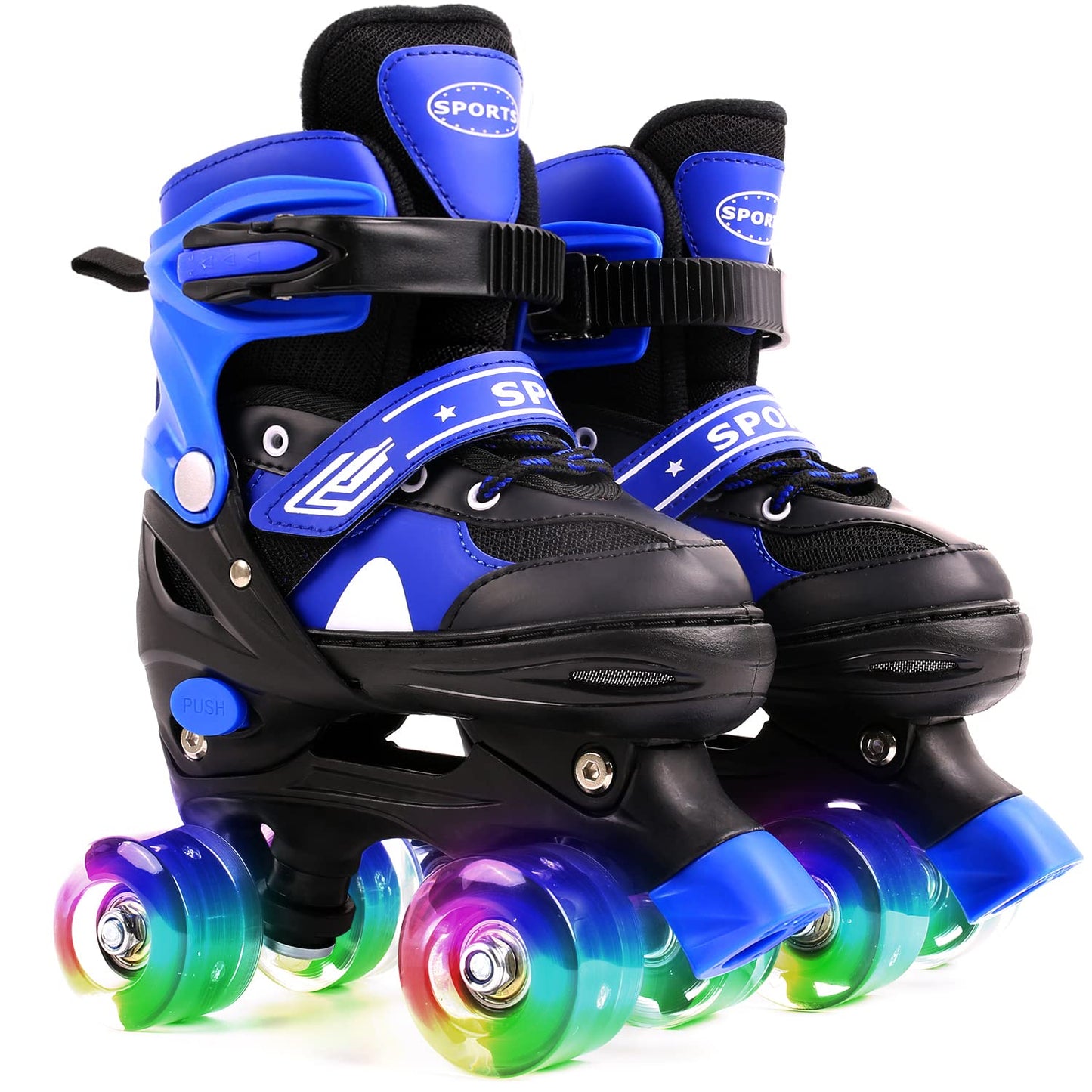 Ceestyle adjustable quad roller skates for kids with blue boots, illuminating light-up wheels and built-in size adjusters for boys and girls.