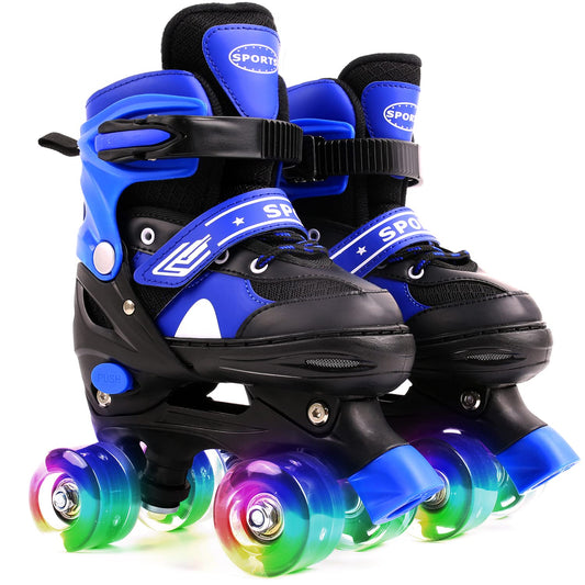 Ceestyle adjustable quad roller skates for kids with blue boots, illuminating light-up wheels and built-in size adjusters for boys and girls.