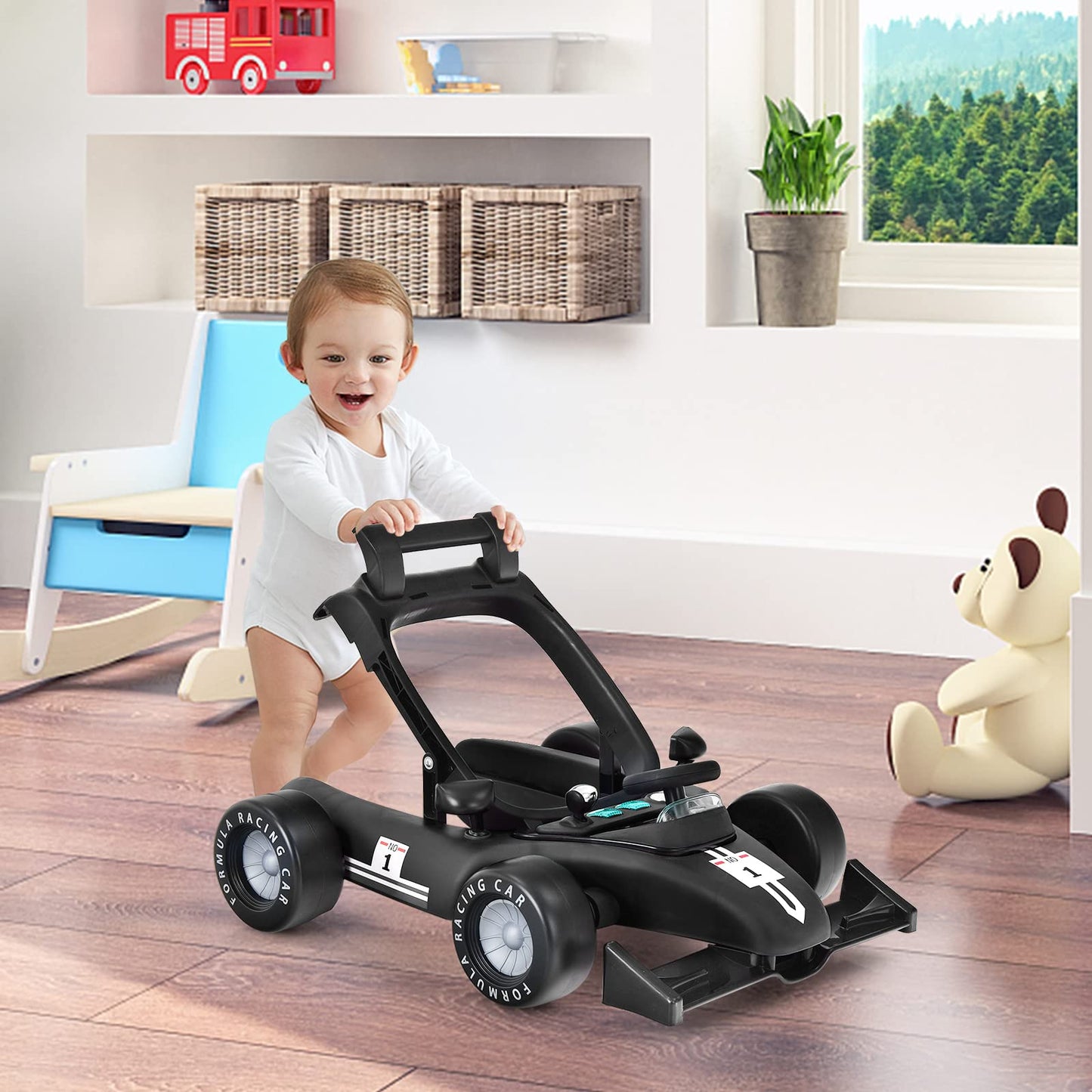 Black COSTWAY 4-in-1 baby walker with adjustable height, music, lights, steering wheel, and foldable design for toddlers 6-18 months.