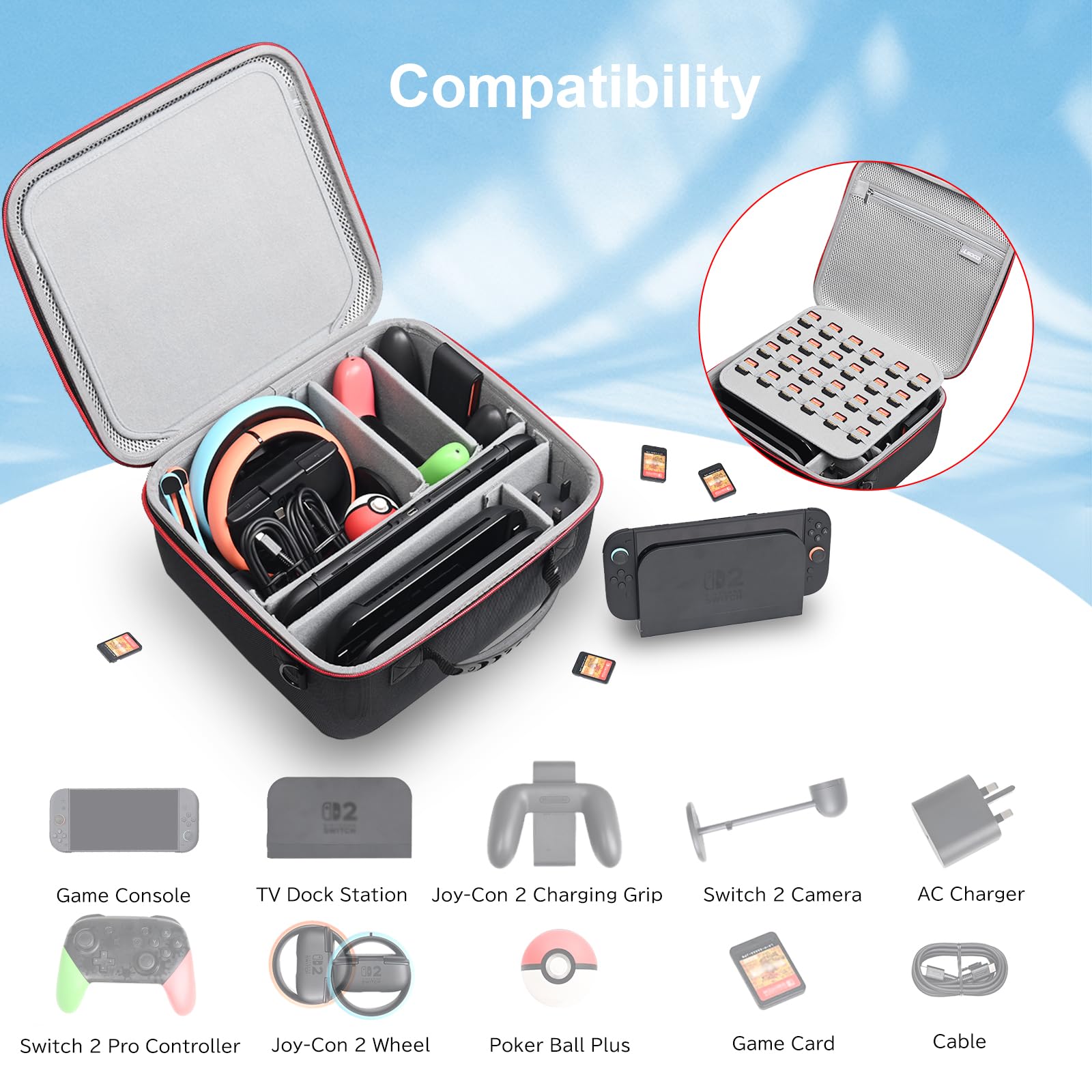 RLSOCO carry case for Nintendo Switch 2 showing the travel bag with compartments for Switch 2 console, controllers, and accessories.