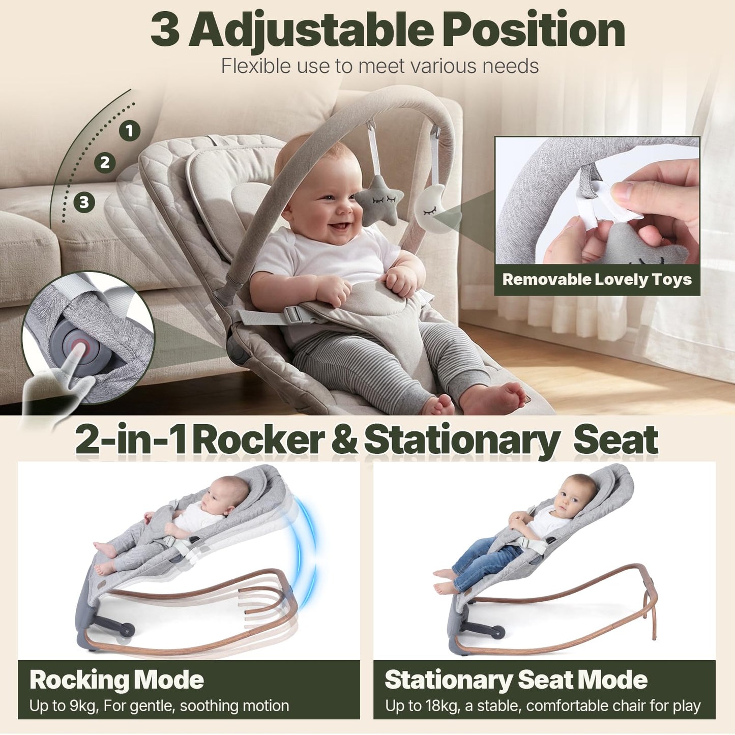 Orzbow electric baby bouncer with ergonomic swing chair, touch control, 3 swing speeds, lullabies, and adjustable volume in dove grey
