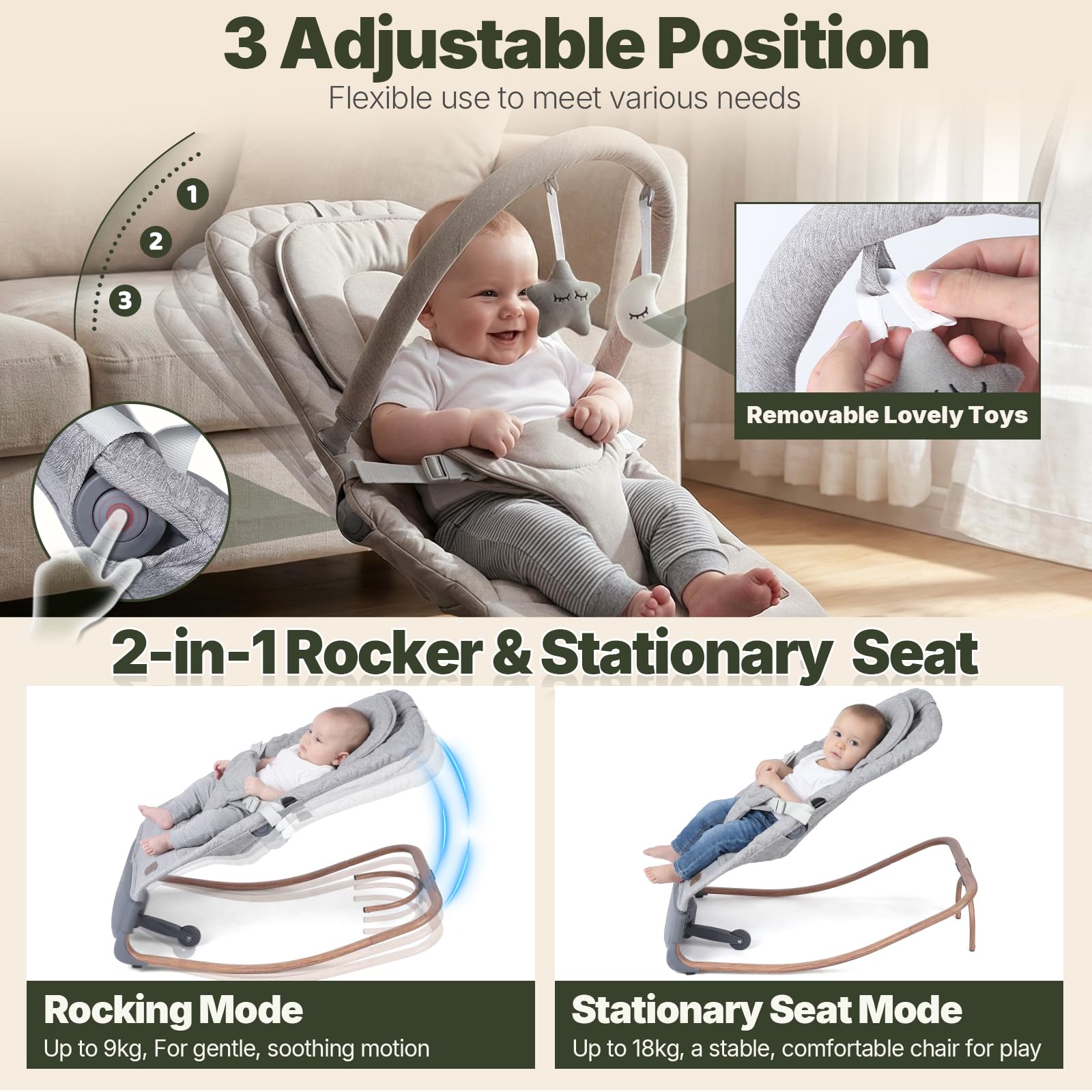 Orzbow electric baby bouncer with ergonomic swing chair, touch control, 3 swing speeds, lullabies, and adjustable volume in dove grey
