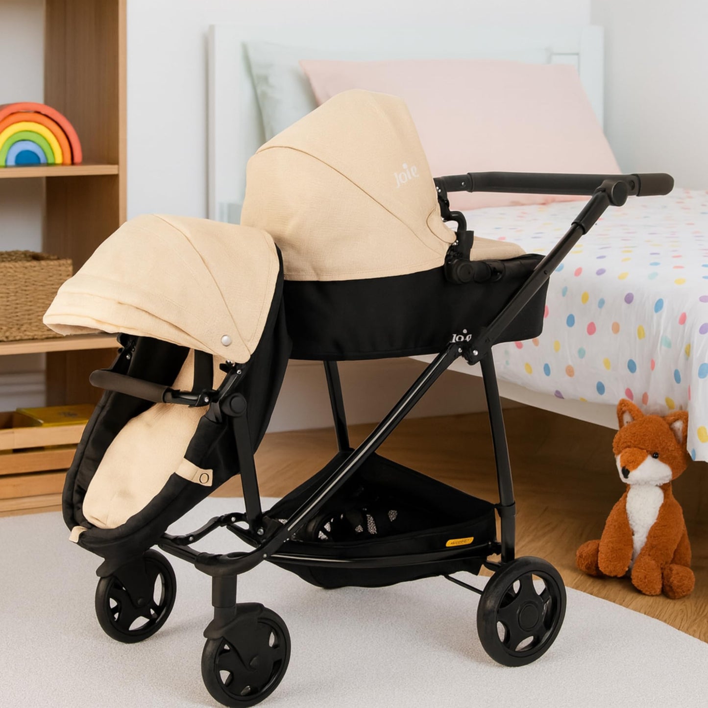 Joie Junior Evalite Twin Pushchair | Stone & Black Double Pushchair | Double Dolls Pram with Adjustable Height Handle And Multiple Seat Options | Suitable For Ages 3+